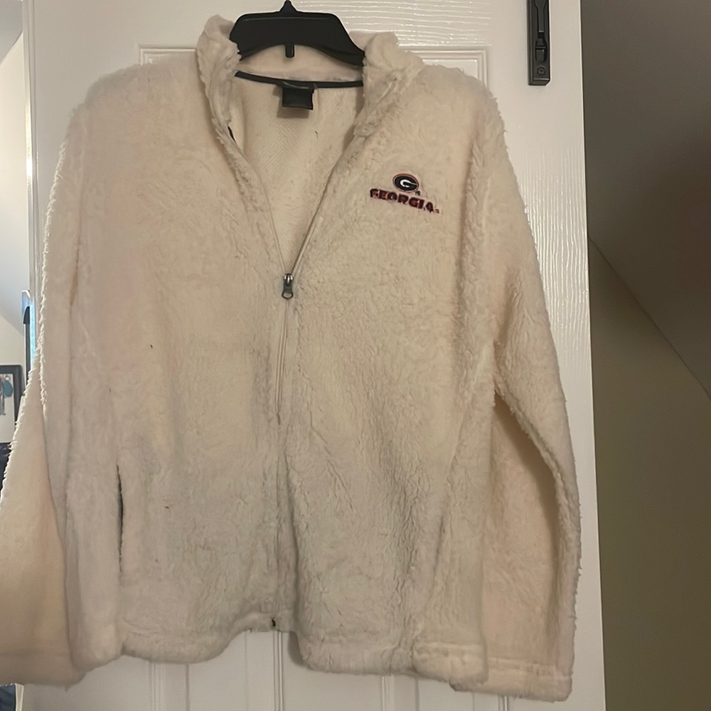 White Georgia Sherpa zip up jacket.